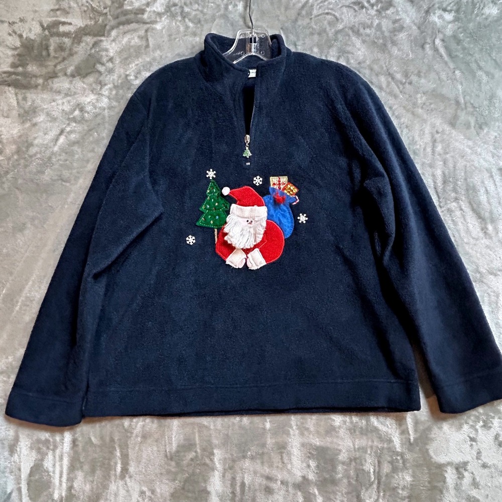 White Stag Womens Navy Blue Santa Christmas Fleece Quarter Zip Pullover Large
